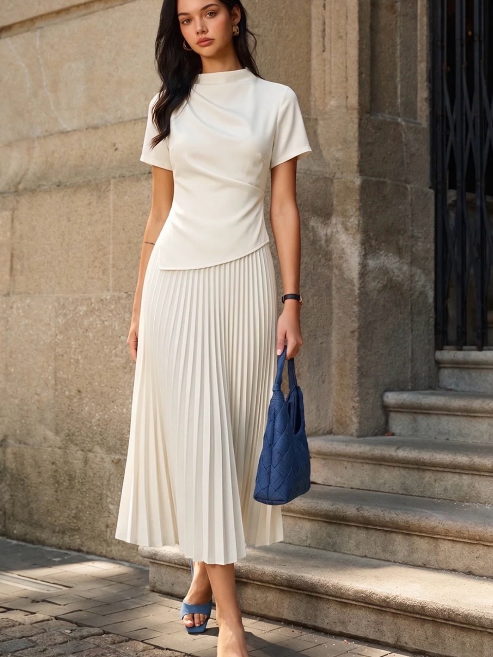 NWT Commense White Pleated Dress - Small